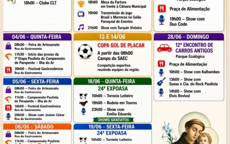 ANIVERSARIO DE SANTO ANTONIO DA ALEGRIA MES DE JUNHO DE 2026